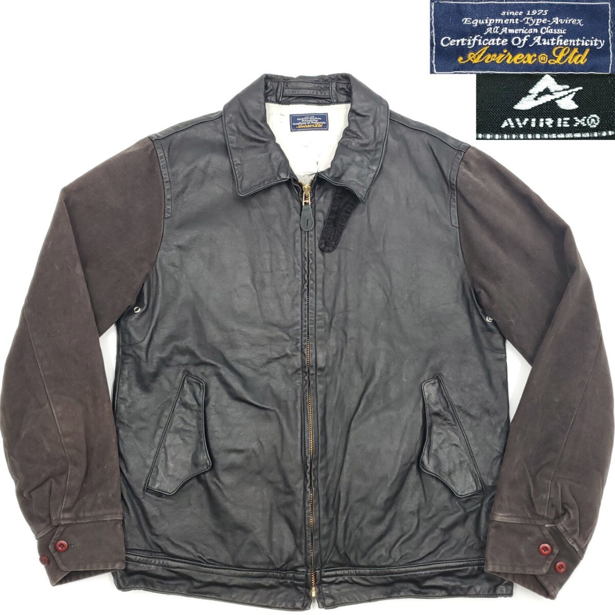 内ポケット多数★AVIREX★M牛革レザーコンビハンティングジャケット黒茶メンズ本革アヴィレックス本皮スタジャンライダース革ジャン SZJ169拍卖
