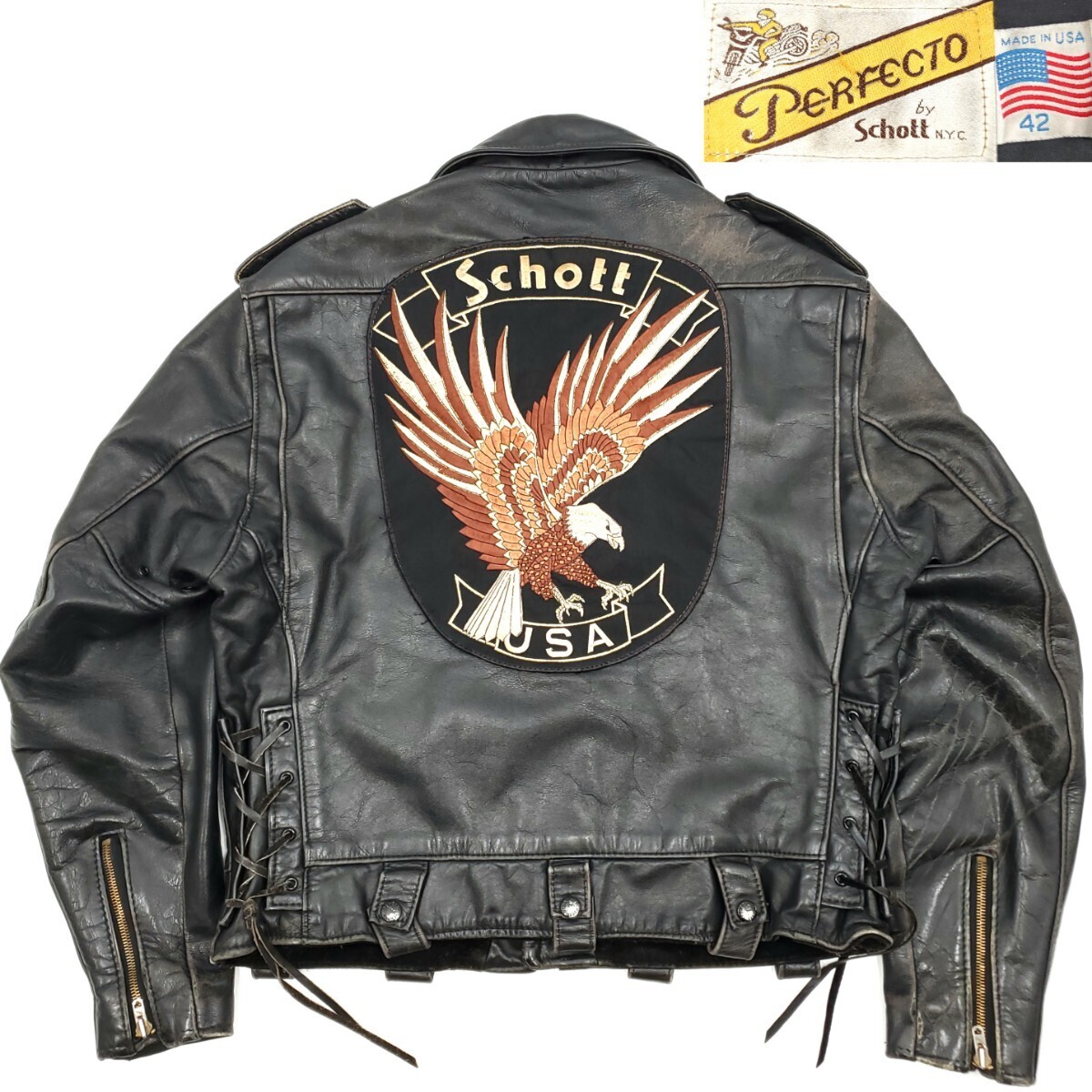 廃番#119◆Schott◆42レザーライダースジャケット黒メンズXL本革ショット本皮ダブルUSA製ポリスマンバイカータグ革ジャン刺繍ワッペン 864拍卖