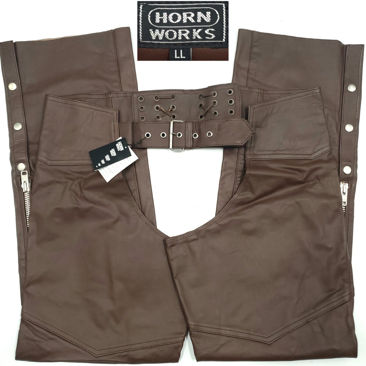 未使用タグ付き◆HORN WORKS◆W34~45位LL大きい牛革レザーチャップス茶ブラウン本革ホーンワークス本皮オーバーパンツ角石ライダース1029M拍卖