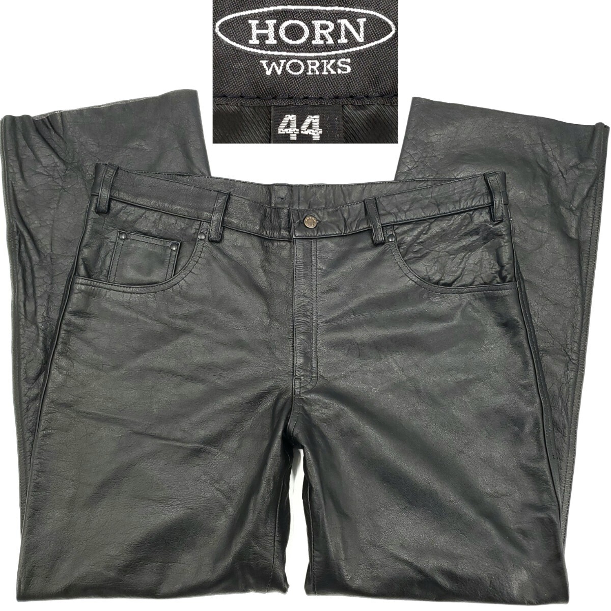 超ビッグサイズW44◆HORN WORKS◆バッファローレザーパンツ黒ホーンワークス本皮ライダース角石ライディング本革パンツ大きいメンズ 1012拍卖