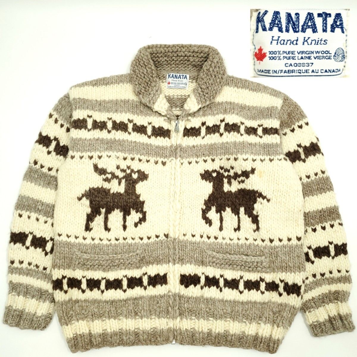 ビッグサイズXXL位◆Kanata◆カナダ製カウチンセーター最高級ハンドニットカナタバージンウールジャケットジップアップカーディガン 1175M拍卖