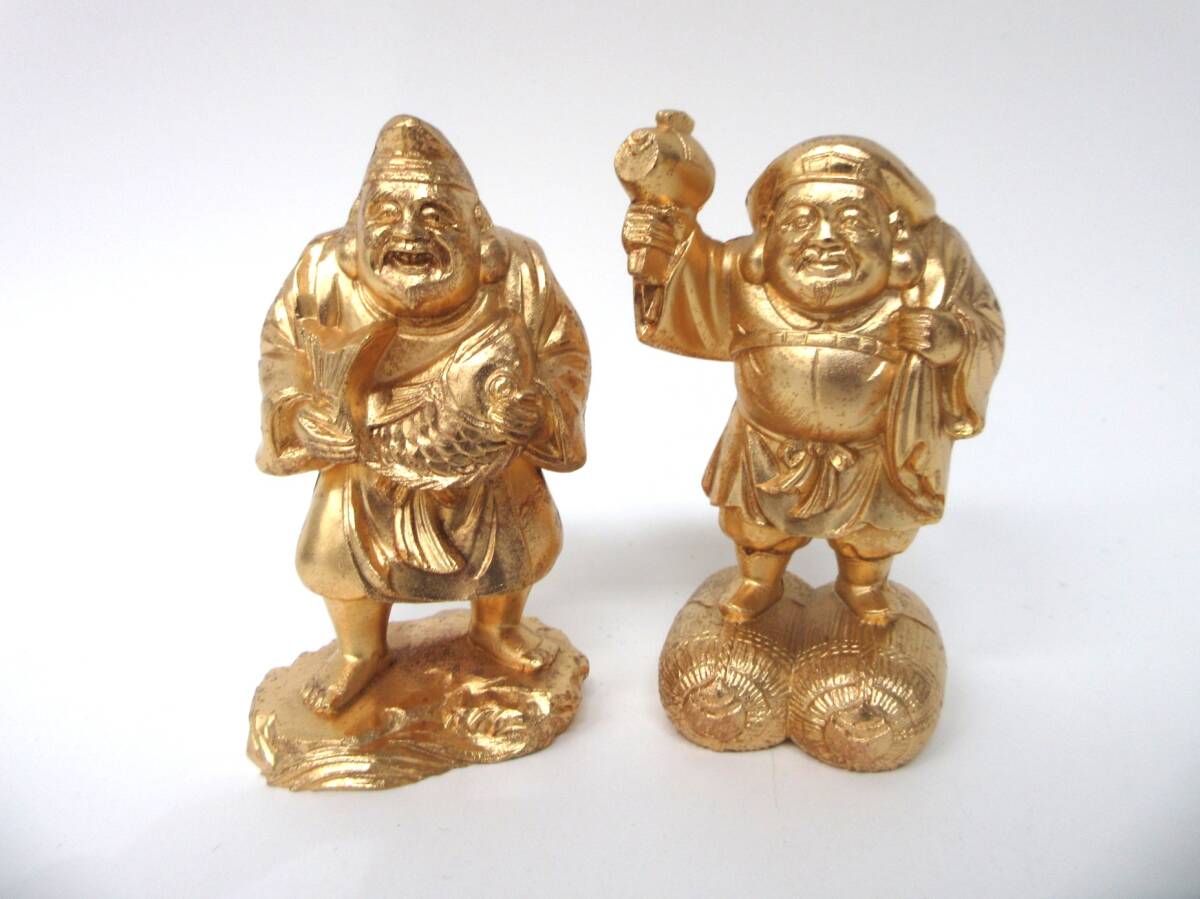 【9-179】七福神 置物 大黒天 恵比寿 2体セット 金属製 置き物 縁起物 金色 ゴールドカラー ハガレ有 長期自宅保管品拍卖