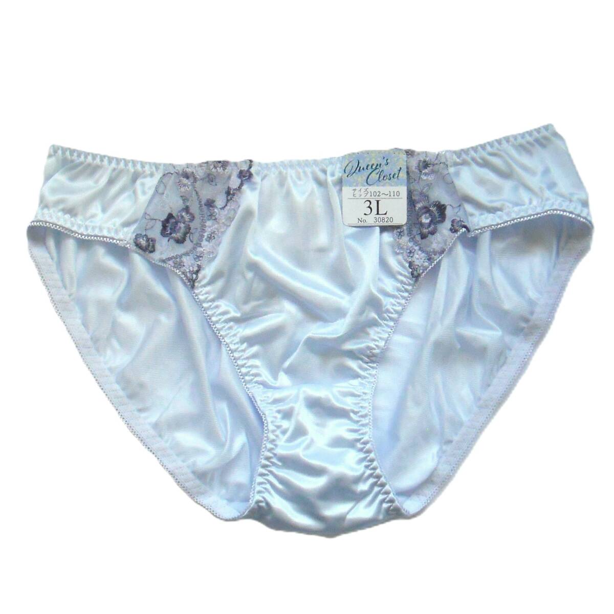Queen's Closet ローズモチーフ&サイドレース トリコットショーツ 3L エレガントな光沢感 薔薇&小花柄刺繍 パンツ ブルー/D 新品送料込拍卖