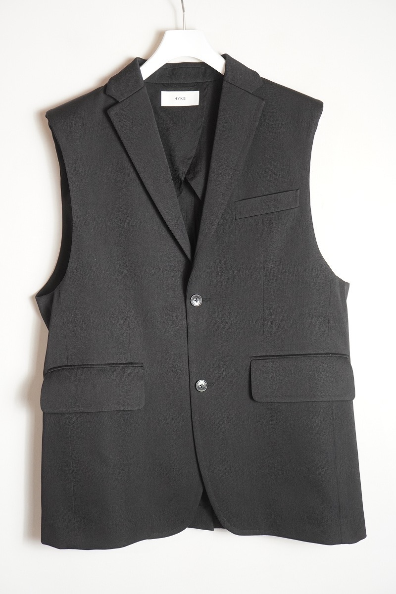 美品 正規 23AW HYKE ハイク DOUBLE CLOTH VEST ロング ベスト ノースリーブ ジャケット 232-17422 ブラック黒本物 920P♪拍卖