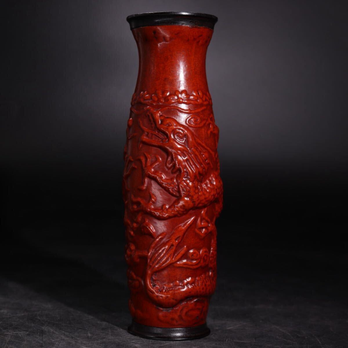 時代 木工 堆朱 龍紋 筒 / 漆工芸 漆芸 花器 花瓶 煎茶飾 検索: 瓢箪 木製 木工芸 .G2468拍卖