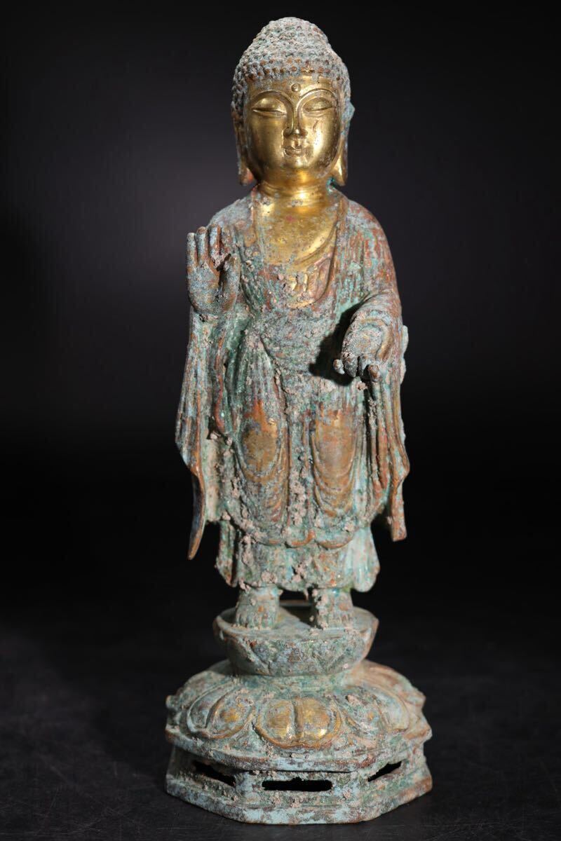 時代 古銅 金塗 阿弥陀如来像 / 仏教美術 仏像 中国美術 銅製 金工 彫金 煎茶飾 .G2604拍卖