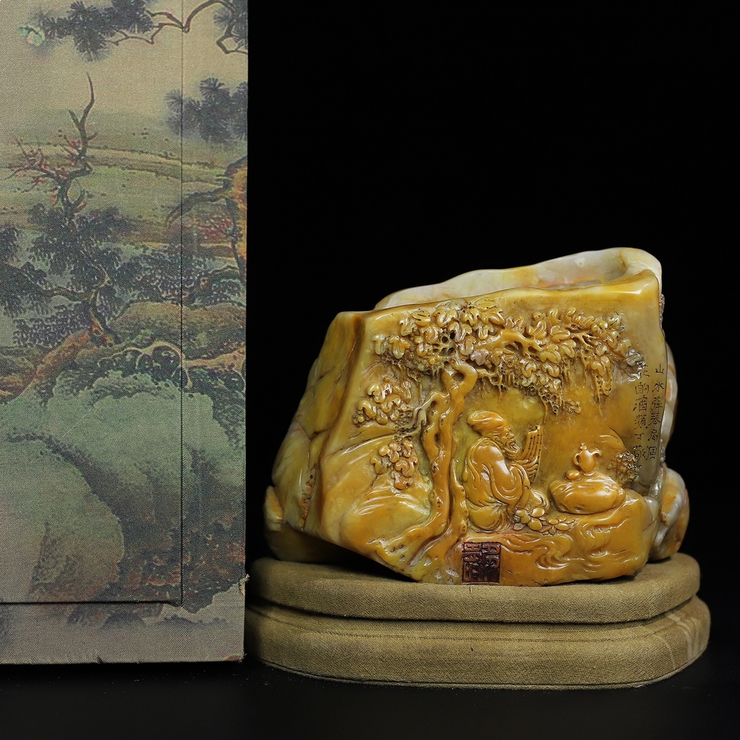 旧蔵 【清代篆刻家 丁敬】寿山石 彫刻 樂師彈琴 筆洗 置物 天然石 手彫 篆刻 筆道具 文房具 極細工 中国古玩 骨董品 古美味 209拍卖