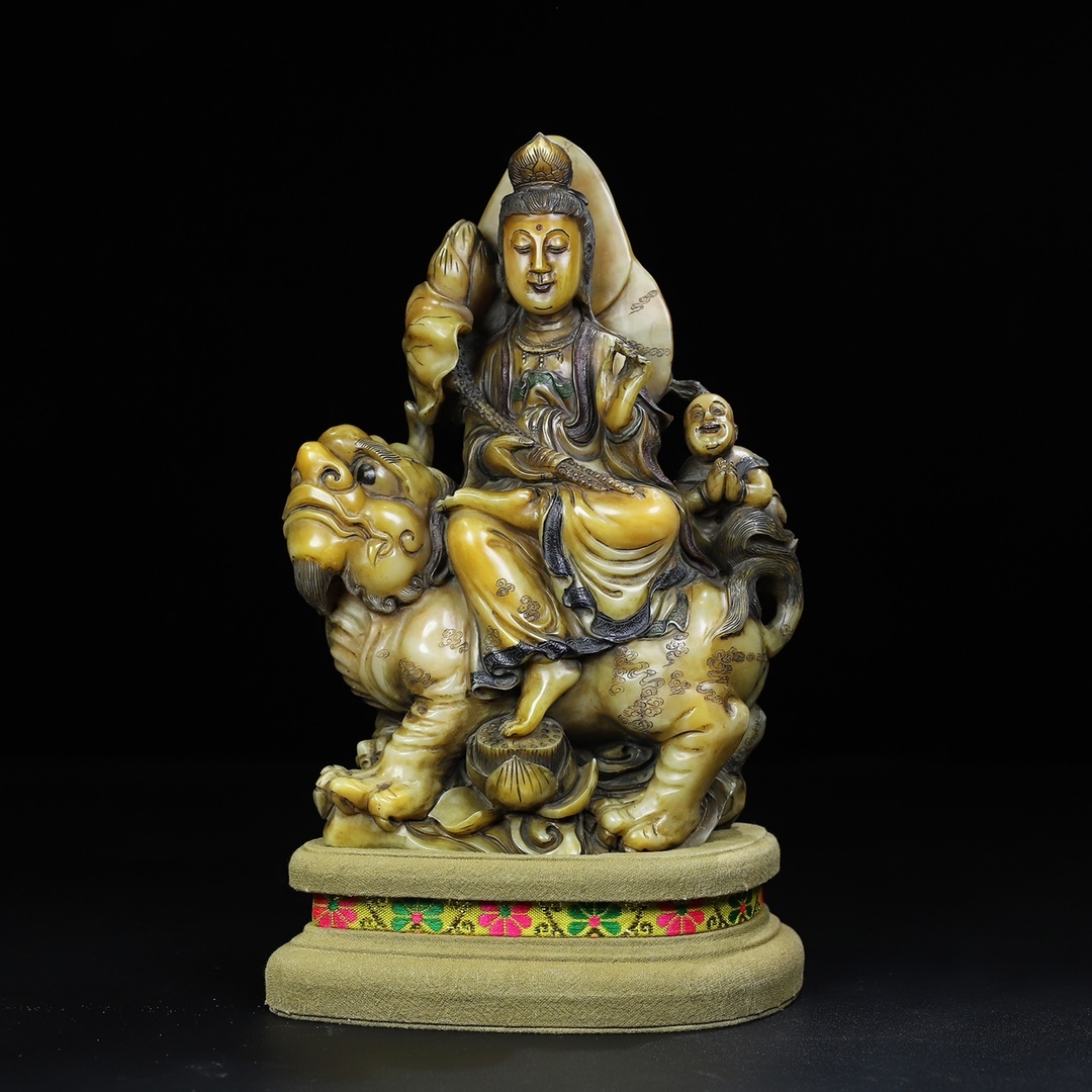 旧蔵 【清代篆刻家 汪啓淑】寿山石 彫刻 彩色騎獣文殊菩薩像 置物 天然石 手彫 篆刻 極細工 中国古玩 骨董品 古美味 209拍卖