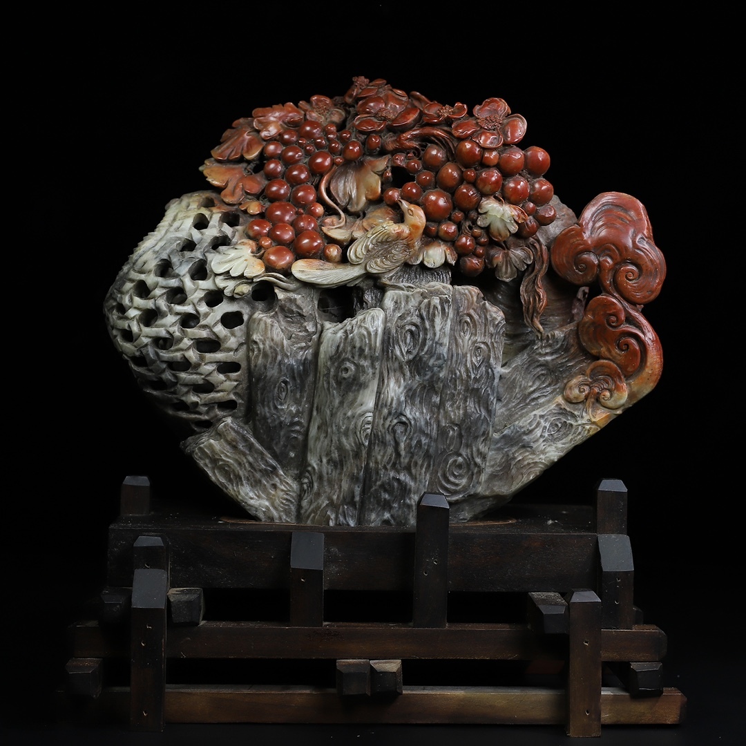 旧蔵 清 寿山石 かわいい色鏤空彫刻 花鳥 置物 天然石 手彫 篆刻 極細工 中国古玩 骨董品 古美味 209拍卖