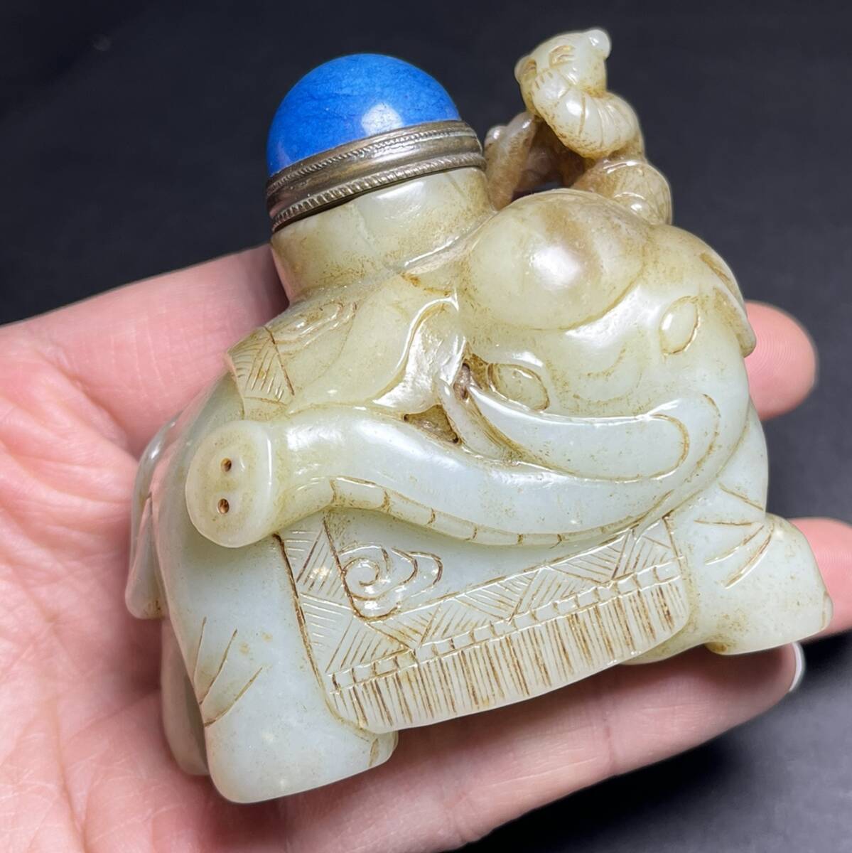 旧蔵 明清時期 玉彫 和田玉 童子洗象 吉祥如意 鼻煙壺 極細工 中国古玩 骨董品 古美味 209拍卖