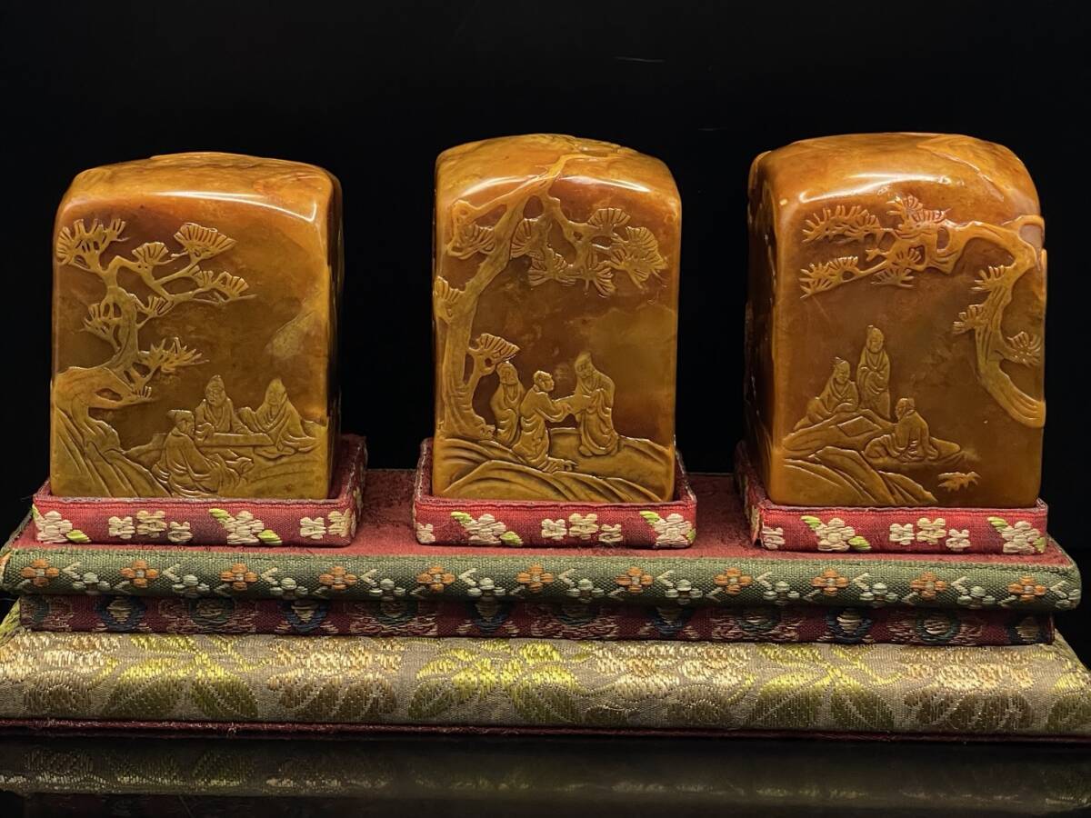 旧蔵 清 寿山石 田黄級 田黄石 置物セット 天然石 手彫 篆刻 古印材 極細工 中国古玩 骨董品 古美味 209拍卖