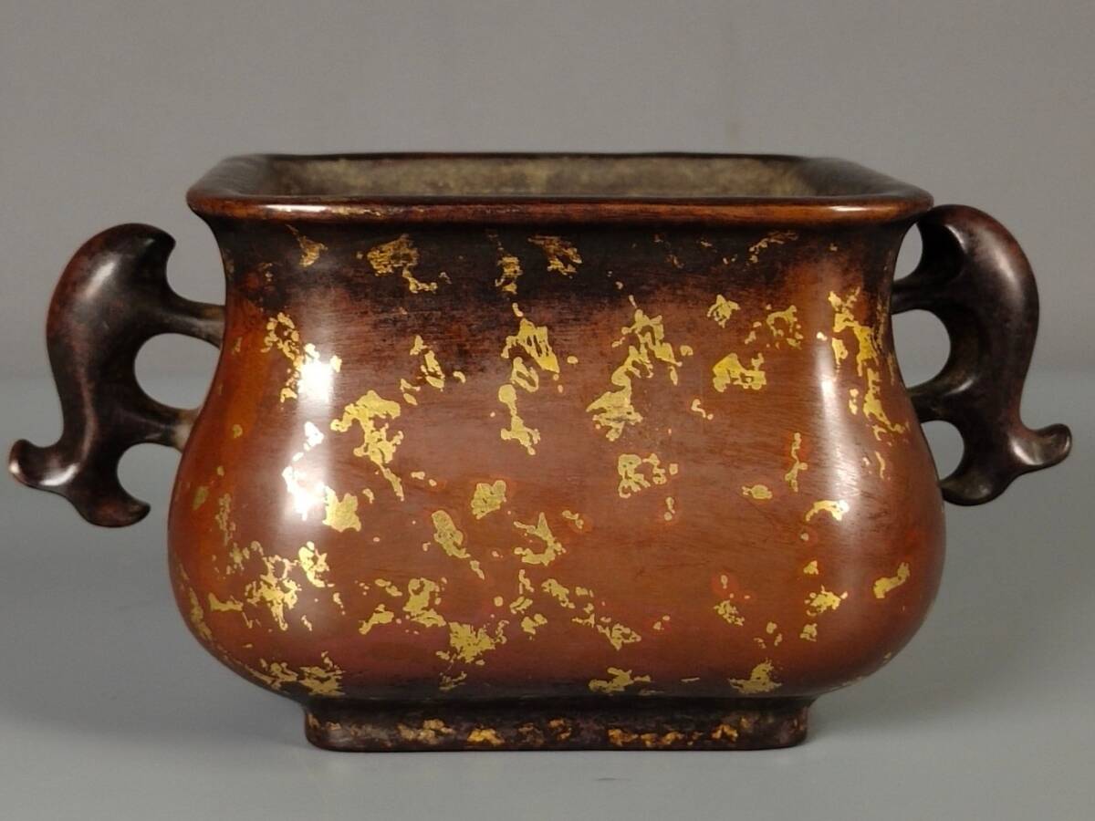 旧蔵 大明 宣德年製 紫銅塗真金 灑金香炉 置物 香道具 銅製 銅器 極細工 中国古玩 骨董品 古美味 209拍卖
