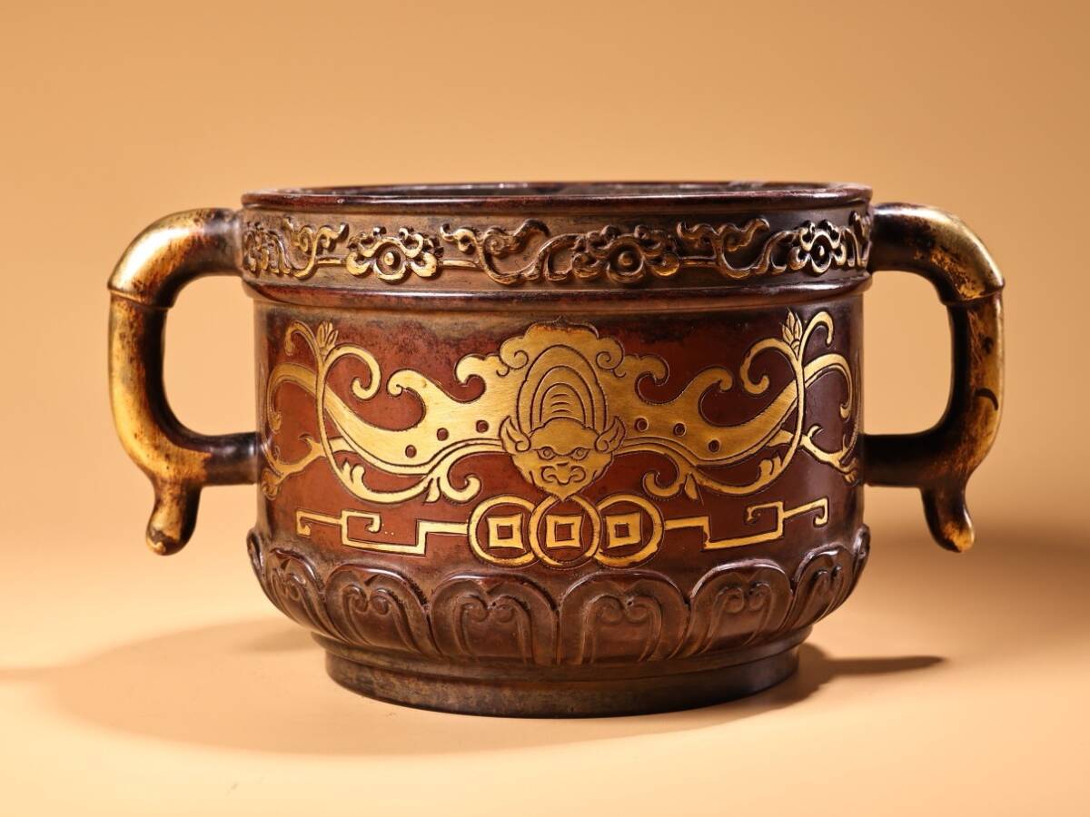 旧蔵 清 純紫銅 純手工高浮彫鏨刻 塗金香爐 香道具 銅製 銅器 極細工 中国古玩 骨董品 古美味 209拍卖