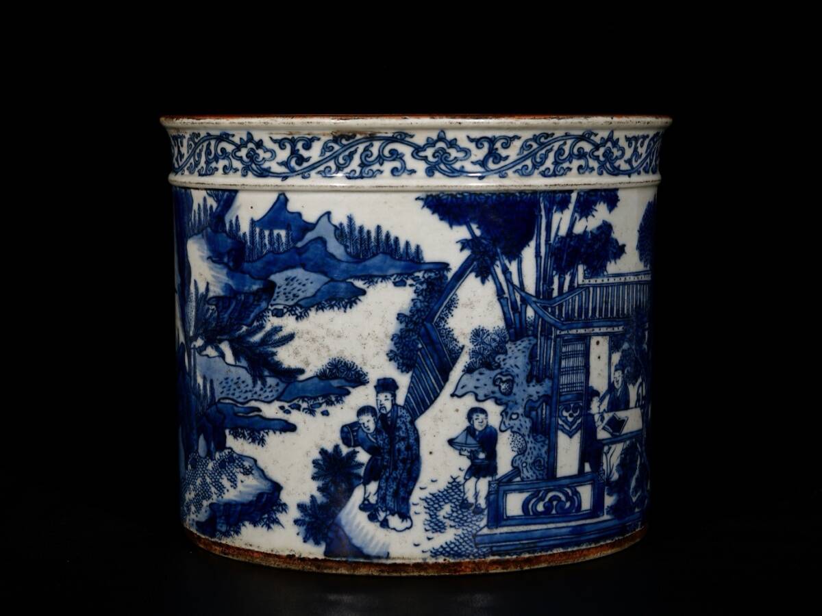 旧蔵 清 康熙年製 青花 西廂記人物物語紋 筆立て 筆道具 文房具 陶芸 古陶磁器 中国磁器 極細工 中国古玩 骨董品 古美味 209拍卖