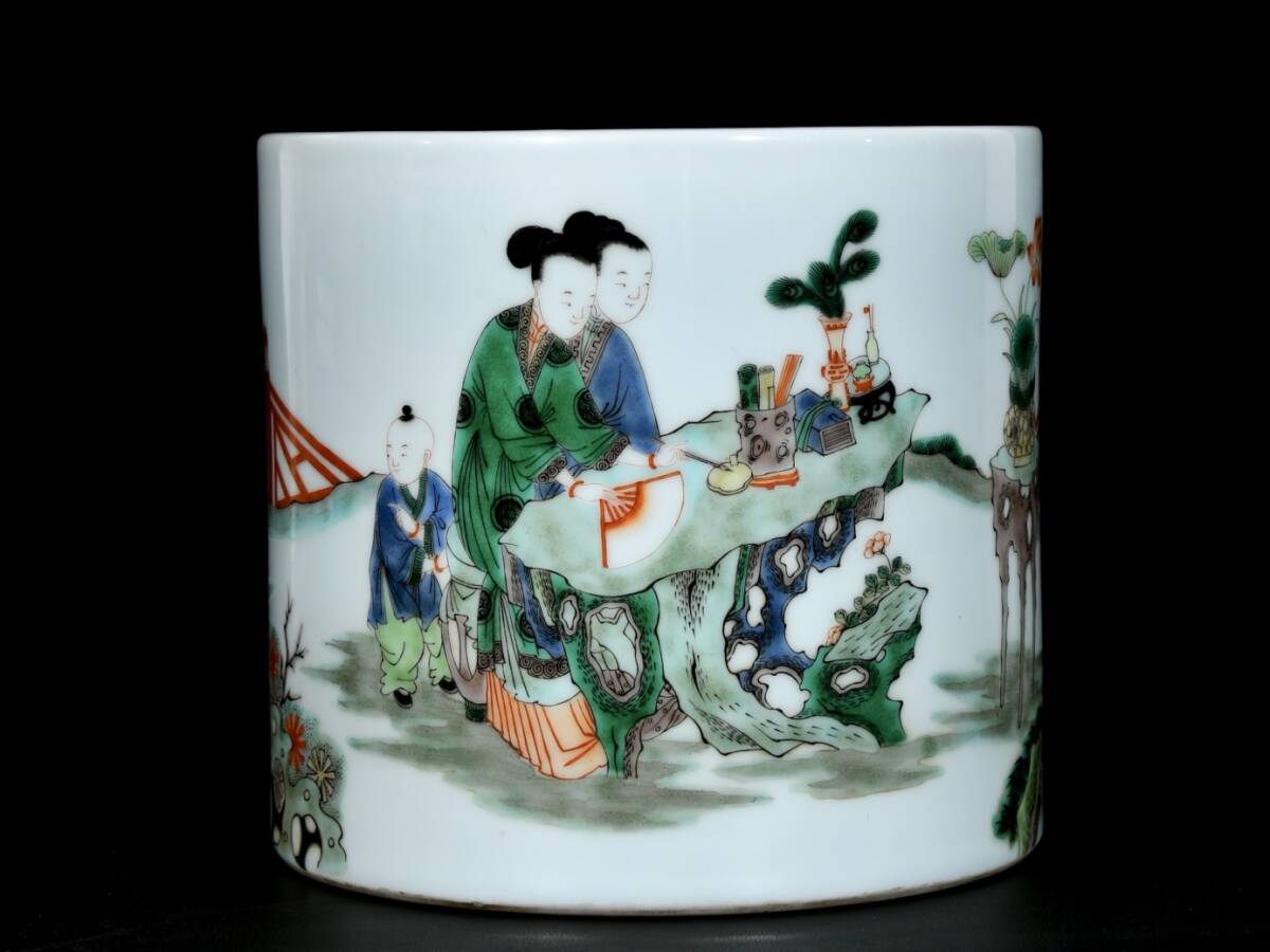 旧蔵 清 康熙年製 五彩三娘教子圖 人物紋 筆筒 筆道具 文房具 陶芸 古陶磁器 中国磁器 極細工 中国古玩 骨董品 古美味 209拍卖
