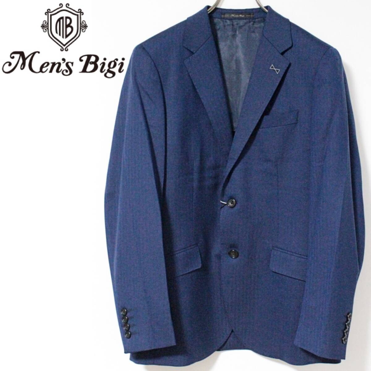 新品 メンズビギ 37400円 シルク混ウール生地 ジャガードヘリンボーン柄 2Bジャケット Mサイズ 紺 K5669拍卖
