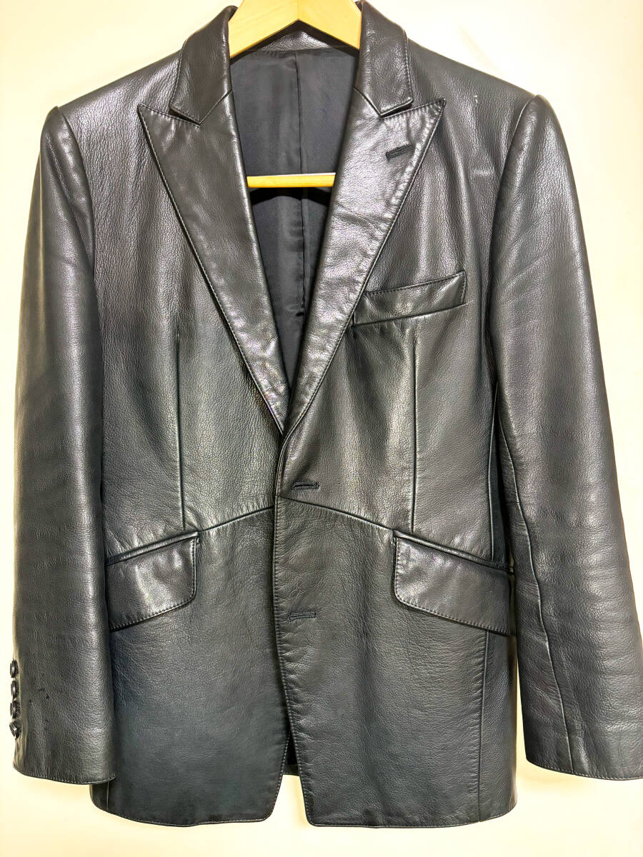 5351プールオム(POUR LES HOMMES) 牛革/蛇革切り替えピークドラペル レザーテーラードジャケット サイズ1(S)拍卖