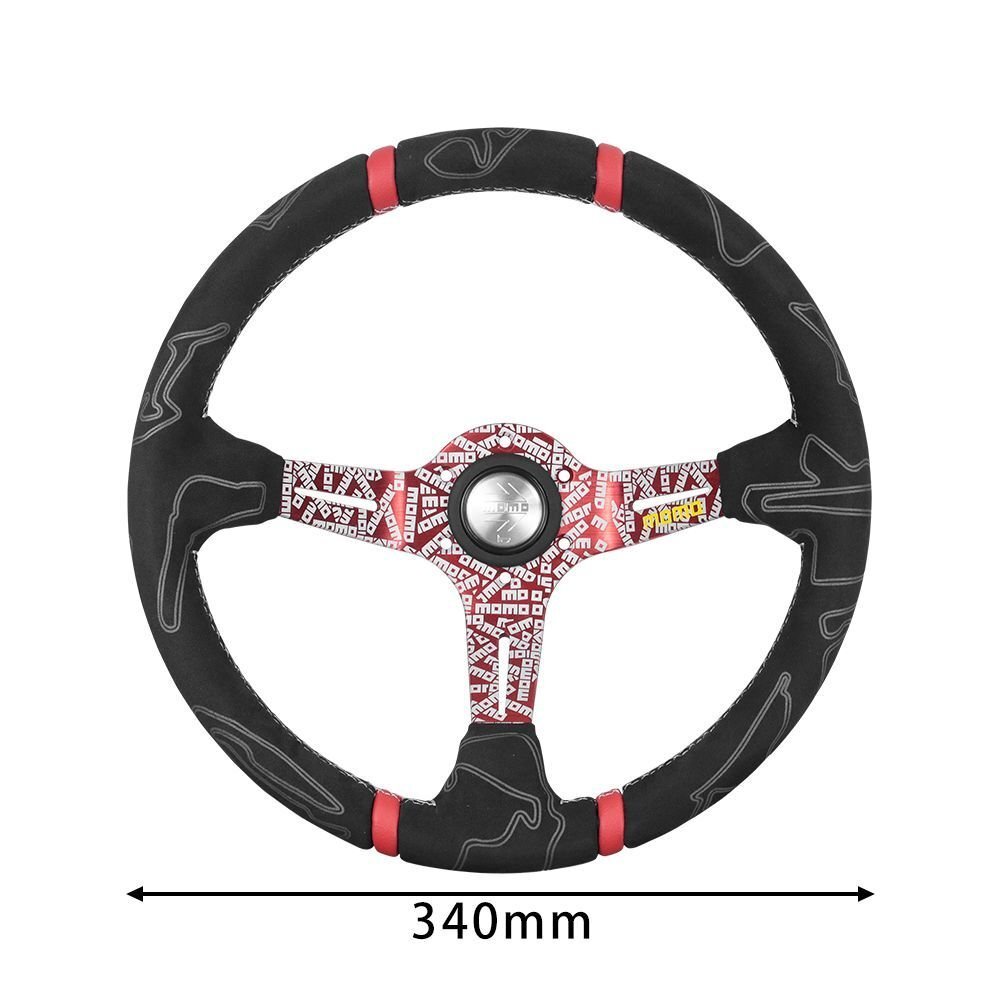 車ハンドル MOMOステアリング 14インチ スポーツステアリングホイール スエード レッドラクガキ 最安値処分AT0007-7拍卖