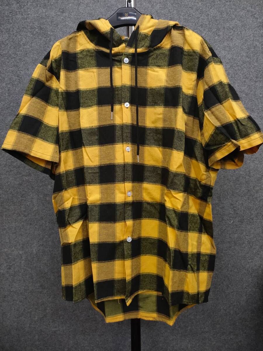 ★ブランド不明 黄色 黒 チェック 半袖シャツ フーディー サイズ3XL拍卖
