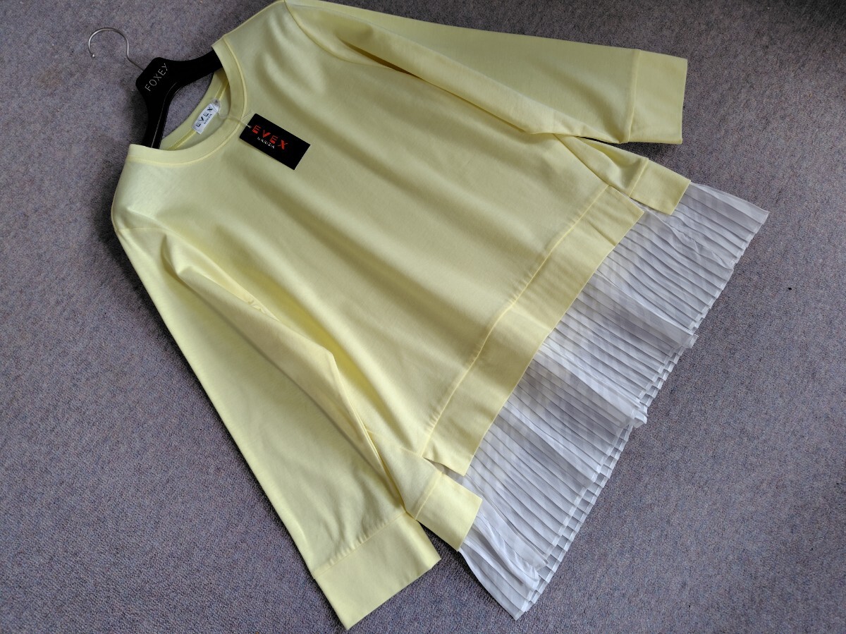 大きいサイズ 新品 クリッツィア 【ウォッシャブル】裾プリーツ素敵なチュニックカットソー 44 レモンイエロー 22000円拍卖