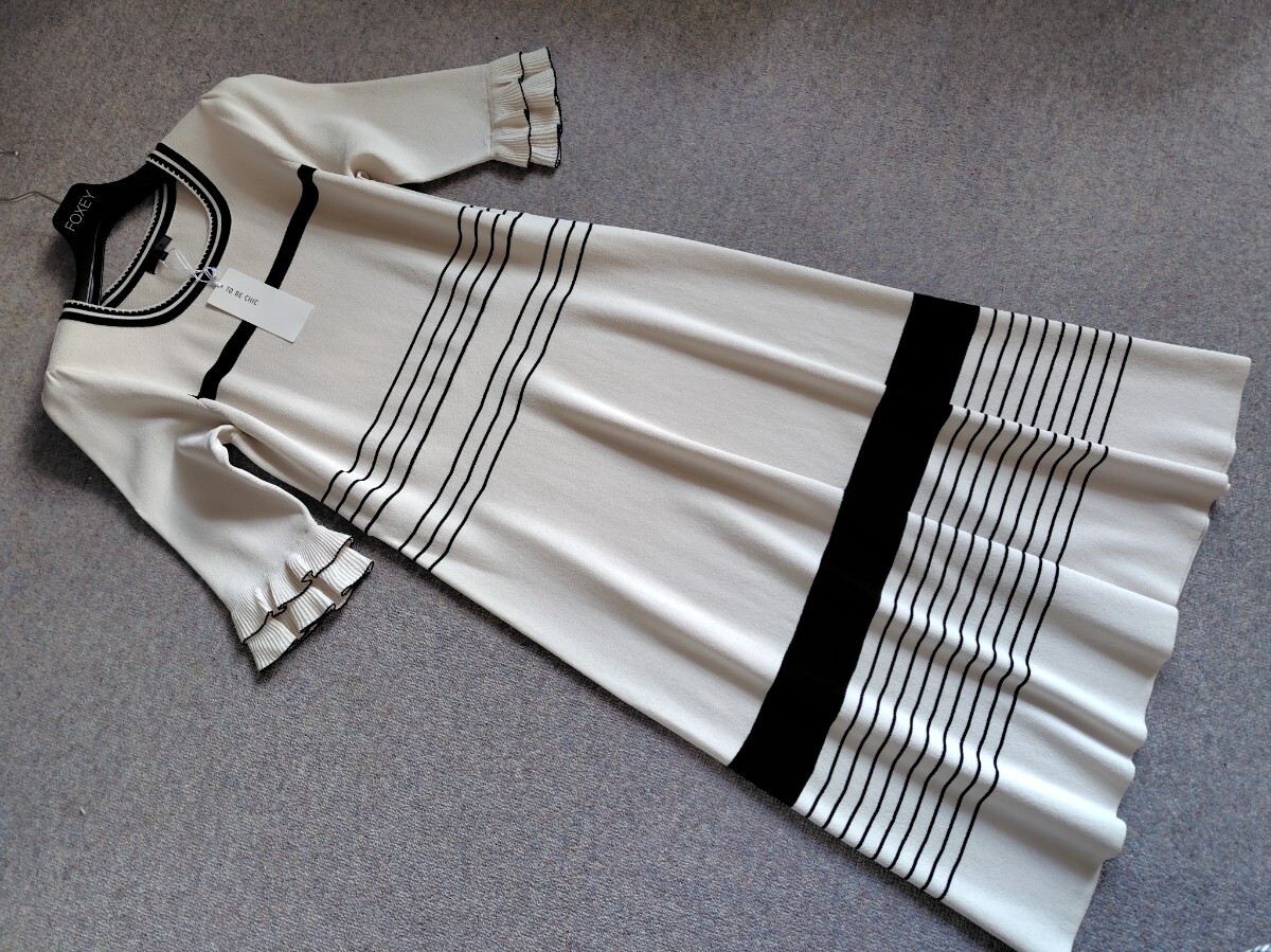 新品 TO BE CHIC 【ウォッシャブル】レーヨンポリエステルボーダーニットワンピース 40(M) ベージュ 60500円拍卖