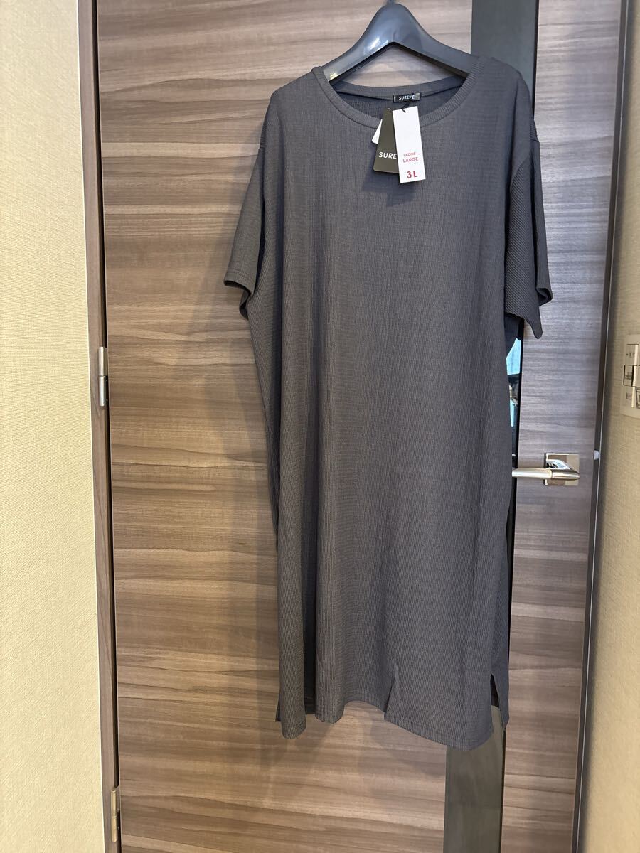 新品未使用タグ付き 4Lサイズ大きい 半袖 ニットワンピース グレー チュニック拍卖