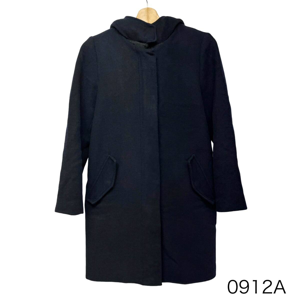 (志)ADAM ET ROPE/アダムエロペ フーデッドウールコート 2WAY ノーカラー ロングコート 38 GAO-1521 ネイビー 濃紺 レディース(o)0912A拍卖