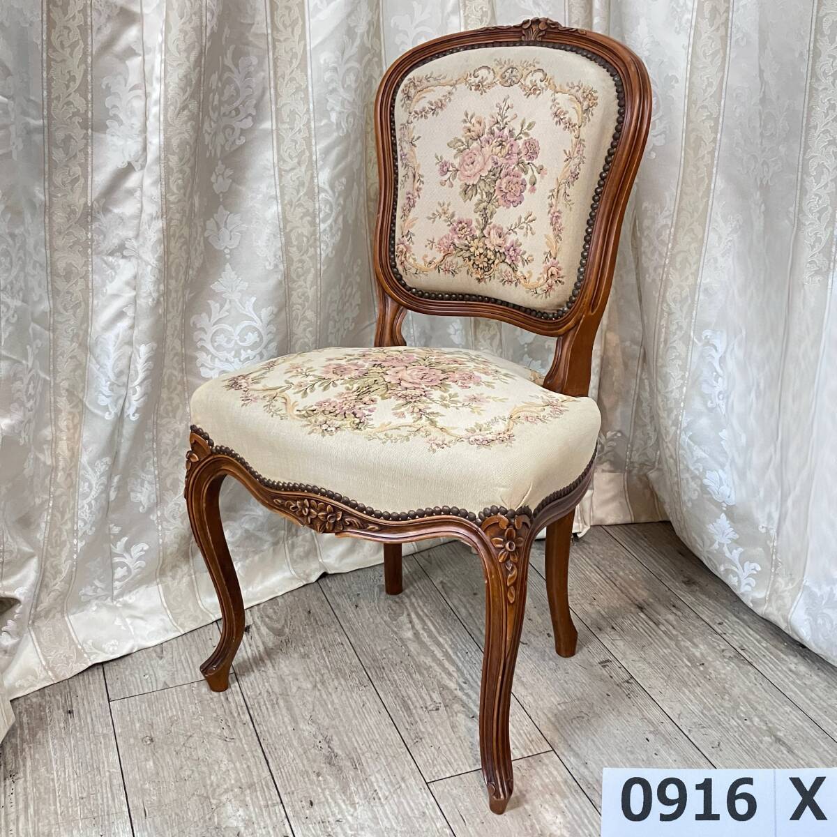 ★②(志)アンティーク ゴブラン織り 猫脚チェア 椅子 ドレッサーチェア ダイニングチェア 花柄 高さ90cm(検)ロイズ アンティークス(I)0916X拍卖