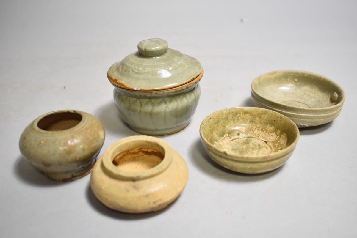 【英】A685 時代 高麗盃他5件 中国美術 朝鮮 韓国 高麗 李朝 酒器 酒盃 小壺 蓋物 小物 骨董品 美術品 古美術 時代品 nr拍卖
