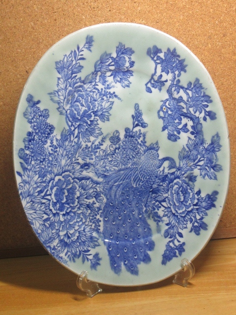 ★「孔雀に牡丹図」印判楕円皿★幕末明治・焼き物・訳あり・刺し盛り皿★骨董・レア・ビンテージ・レトロ・アンティーク・コレクション★拍卖