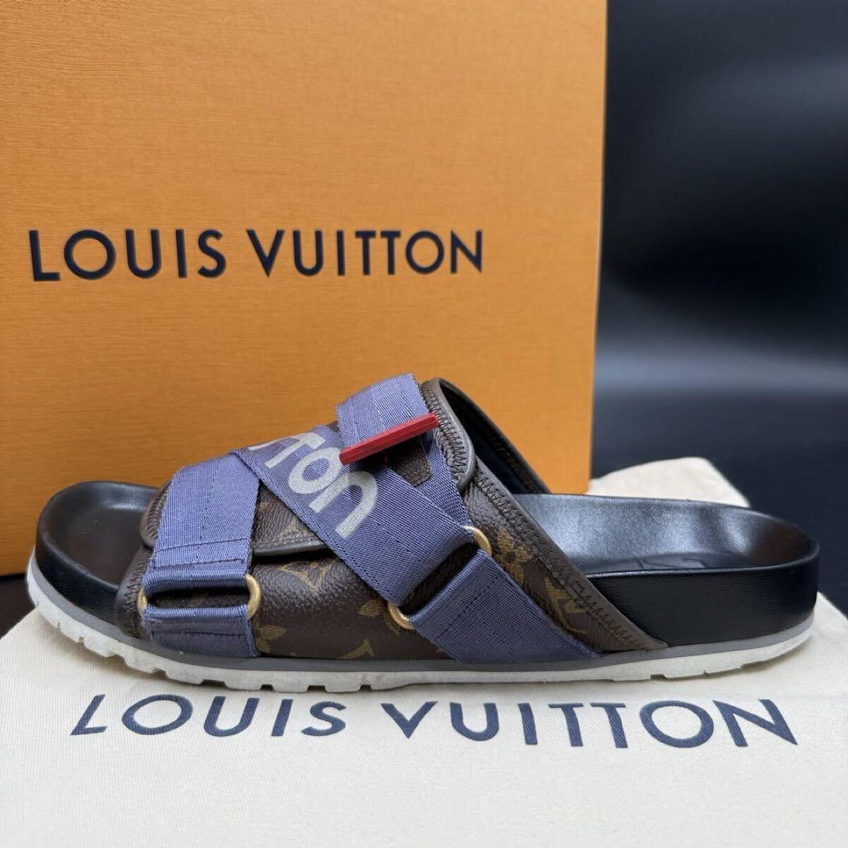 1円 【美品】 LOUIS VUITTON ルイヴィトン 【王者の貫禄】 ホノルルライン ロゴ ベルクロ モノグラム メンズ サンダル ミュール 27cm相当拍卖