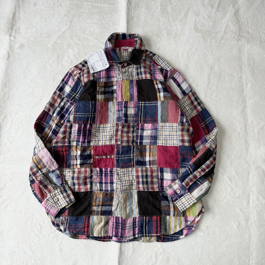 極美品 定価 86,900円 45R 45rpm インドリネンパッチワークの908ローファー比翼シャツ リネン 麻 パッチワーク 長袖 シャツ マルチカラー拍卖