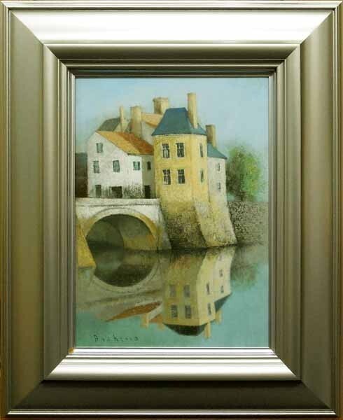 *真作* 広島県画家 朝比奈隆「朝の橋」キャンバスに油彩 直筆サイン入/風景画/TAKASHI ASAHINA/ニューヨーク州祭典大賞/知事買上賞/絵画拍卖