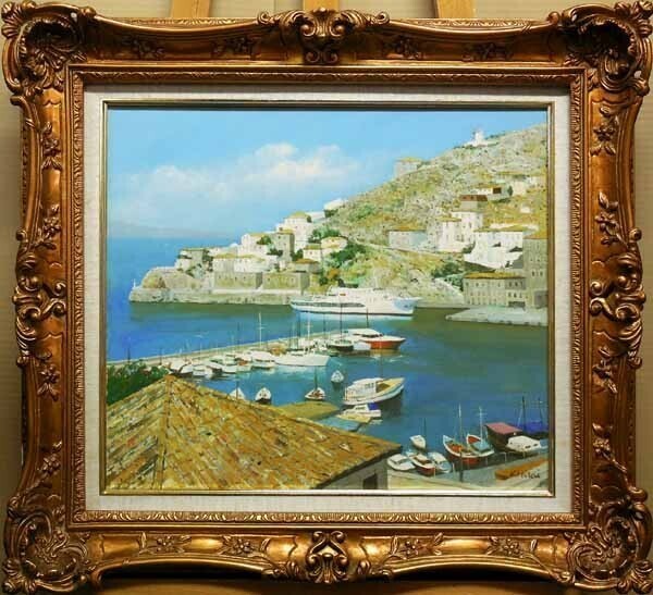 *真作* 人気洋画家 平井和夫「イドラ島(ギリシャ)」キャンバスに油彩 直筆サイン入/風景画/KAZUO HIRAI/兵庫県神戸市生/二元会会員/絵画拍卖