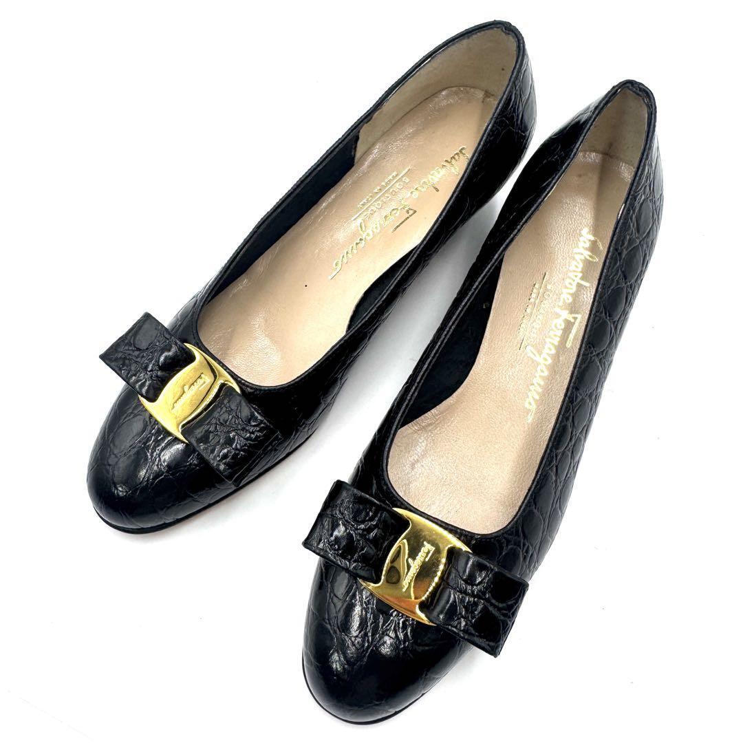 【美品】Ferragamo ヴァラ パンプス 23cm ブラック クロコ型押し拍卖