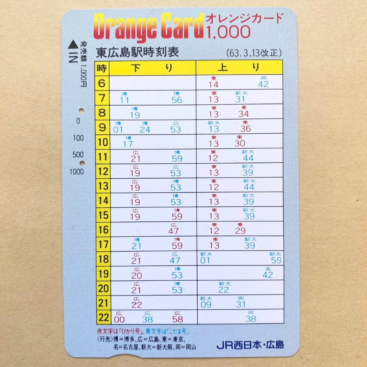 【使用済】 オレンジカード JR西日本 東広島駅 時刻表 (63.3.13改正)拍卖