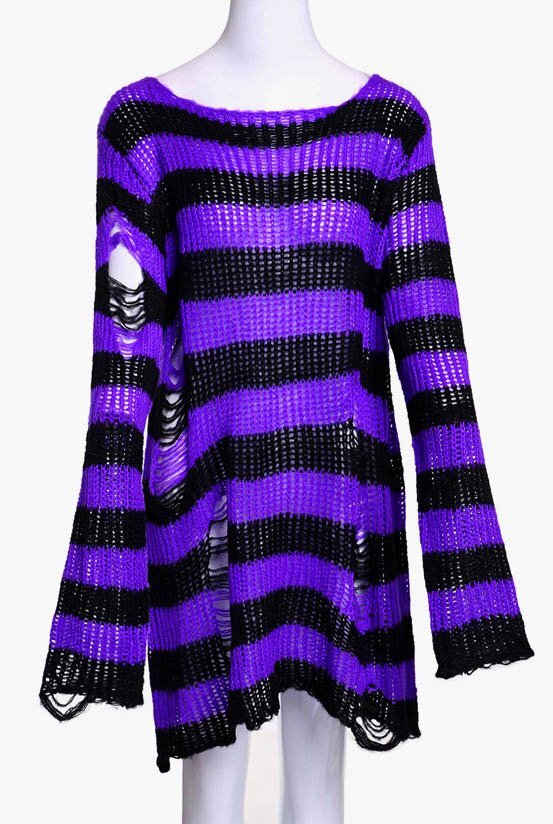 新品 ゴシック パンク ダメージ ボーダーニット 紫 黒 1693 パープル ブラック フリーサイズ メンズ レディース ユニセックス セーター拍卖