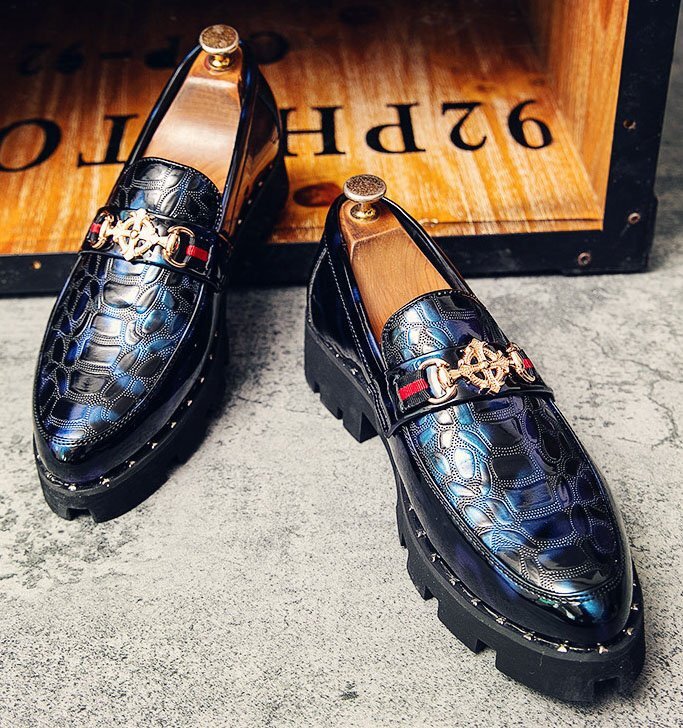 新品 27cm エナメルシューズ 型押 クロコダイル 青 ブルー 2959 2206 メンズ ドレスシューズ 金 ビット 豹柄 ブライダル ヴィジュアル系 靴拍卖
