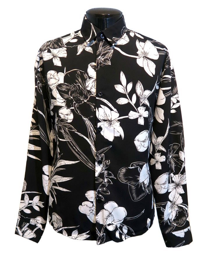 新品 Lサイズ 花柄 シャツ 長袖 ドロップショルダー 黒 740 メンズ 柄シャツ 和柄 ブラック フローラルプリント モード ロック ウエスタン拍卖