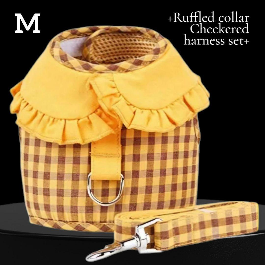 期間セール【新品】【M】フリル 襟 ギンガムチェック ハーネスセット チワワ プードル ヨーキー 散歩 旅行 お洒落 ハーネスリード イエロー拍卖