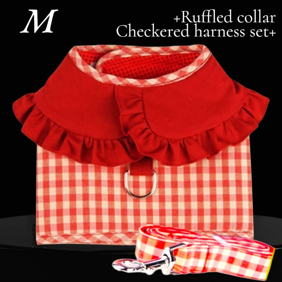 セール【新品】【M】フリル 襟付き ギンガムチェック ハーネスセット チワワ プードル ヨーキー 散歩 旅行 お洒落 ハーネスリード レッド拍卖