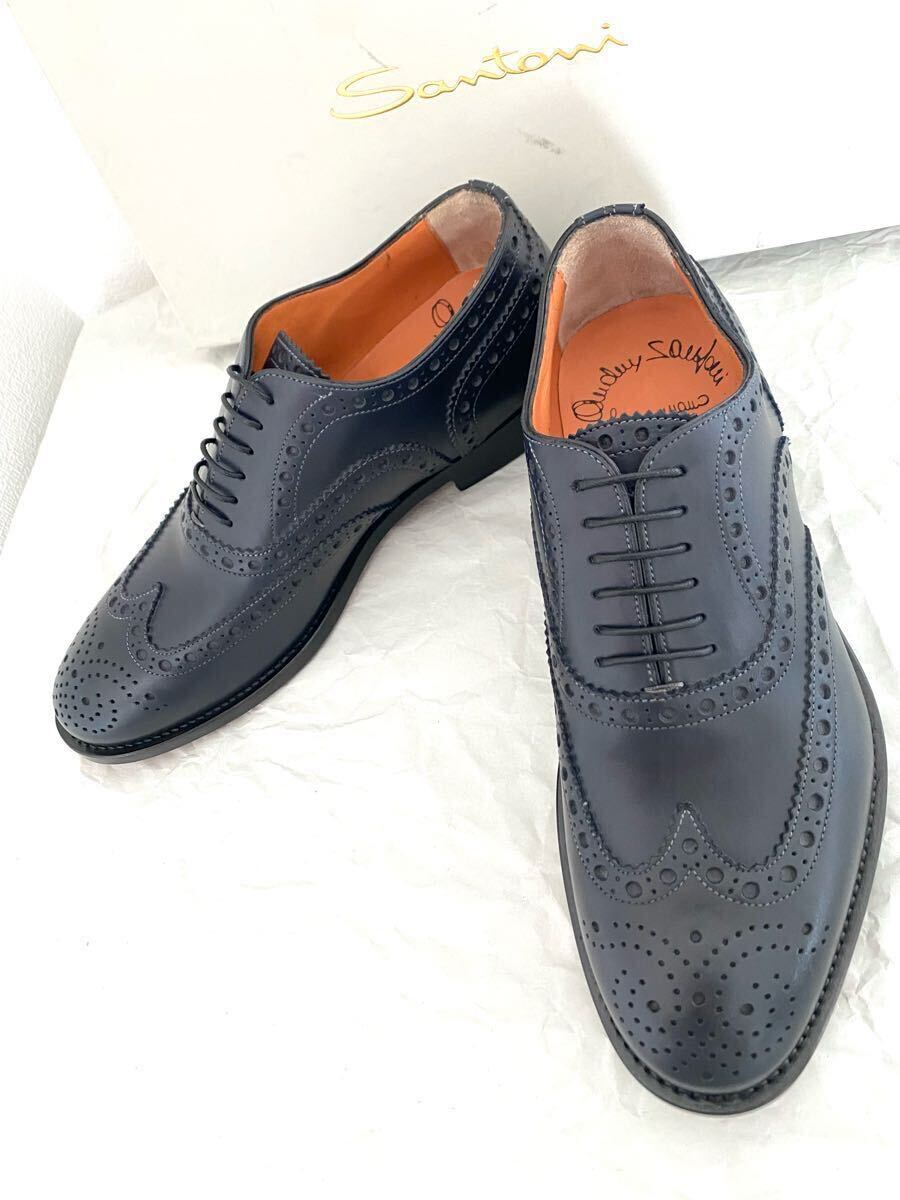 Santoni 新品 UK5 サントーニ ビジネスシューズ ウイングチップ メンズ 革靴 レザー 未使用 送料無料 ネイビー イタリア 紺拍卖