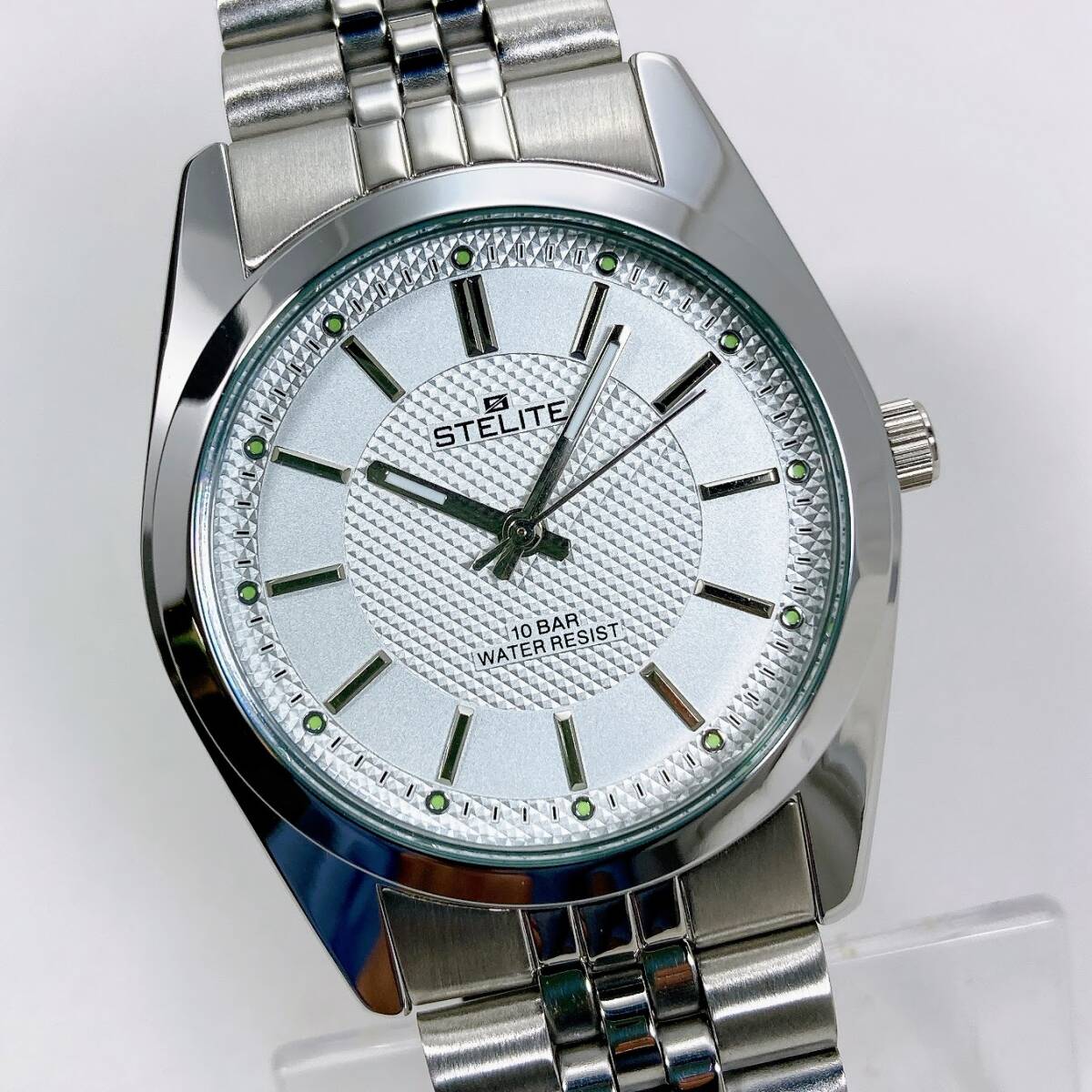 【新品・保証付/即決/送料230円】 見やすい 日本製機械 10気圧 4年電池 メタルベルト コスパ STELITE ST200-3 WH メンズ腕時計 SP050912-2拍卖