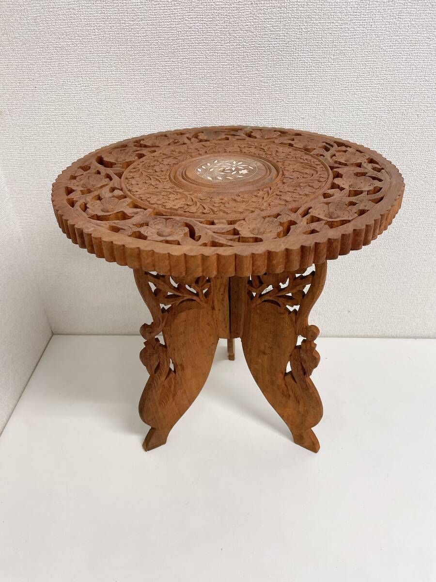 【インド製 サイドテーブル アンティーク】木彫り/木製/花台/飾り台/折りたたみ/インテリア/A79-050拍卖