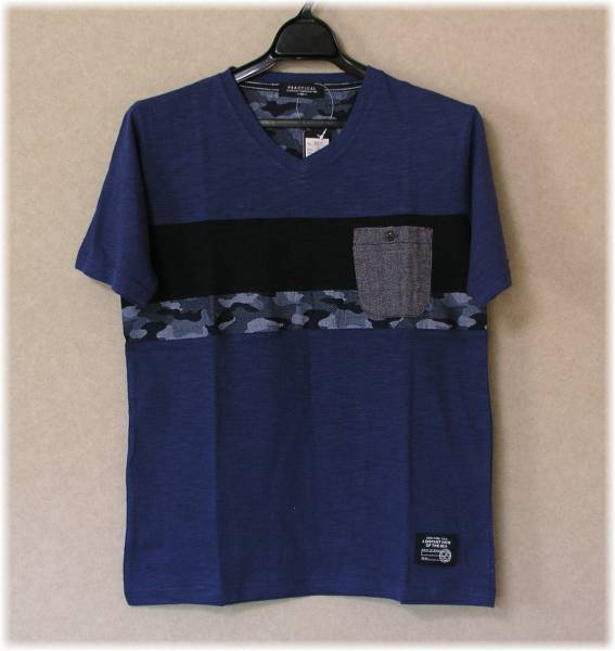 ケングローブ 胸横ストライプ迷彩 Vネック 半袖Tシャツ 花紺 Lサイズ拍卖