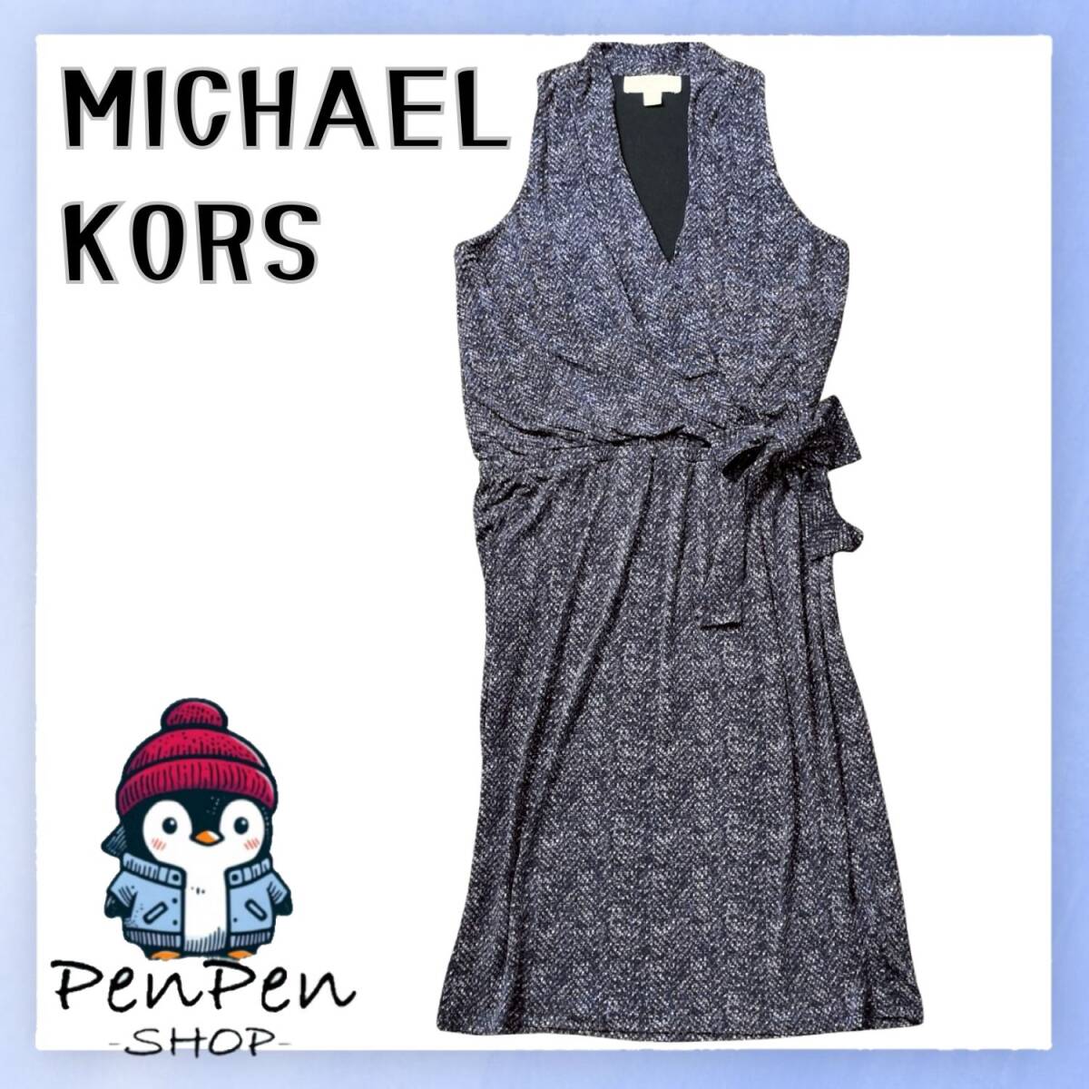 ストレッチ MICHAEL KORS マイケルコース レディース 膝下丈ワンピース ノースリーブ ラップ風 総柄 パープル×ブラック XSサイズ きれいめ拍卖