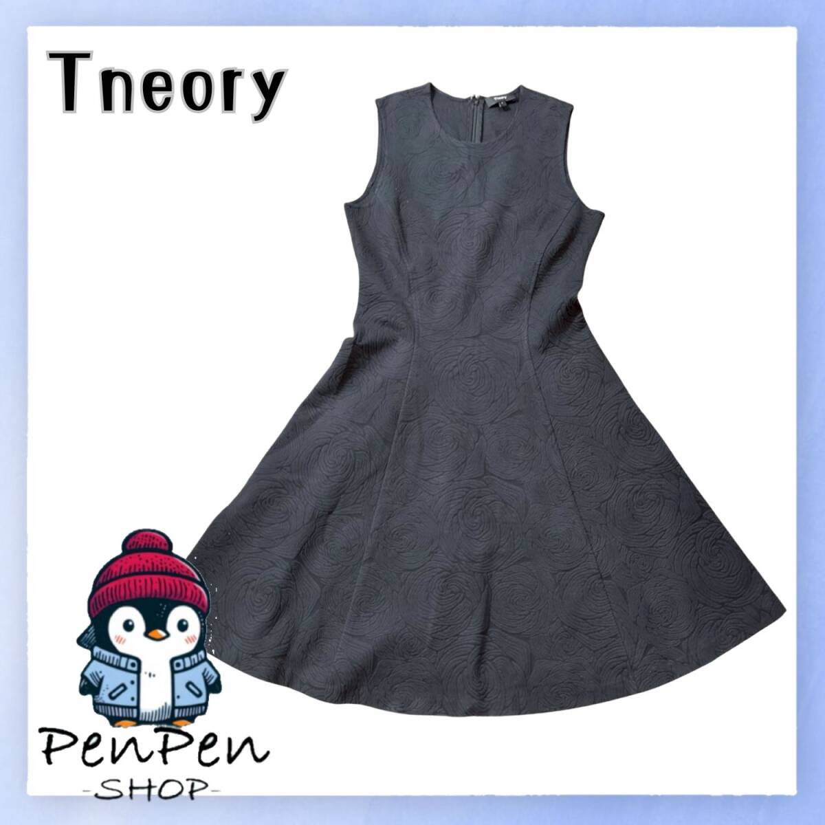 ストレッチ Theory セオリー レディース ノースリーブ フレア 膝下丈ワンピース 花柄ジャガード ブラック サイズ2 Mサイズ エレガント拍卖
