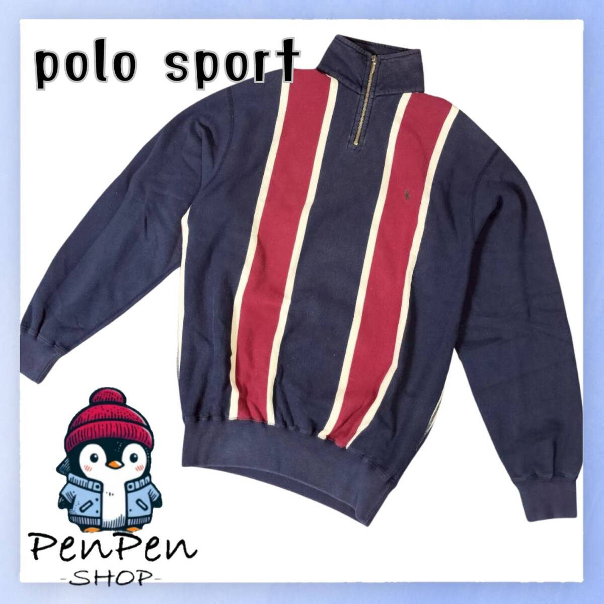 POLO SPORT RALPH LAUREN ポロスポーツ ラルフローレン メンズ ハーフジップ ネイビー ボルドー オフホワイト ストライプ Sサイズ拍卖