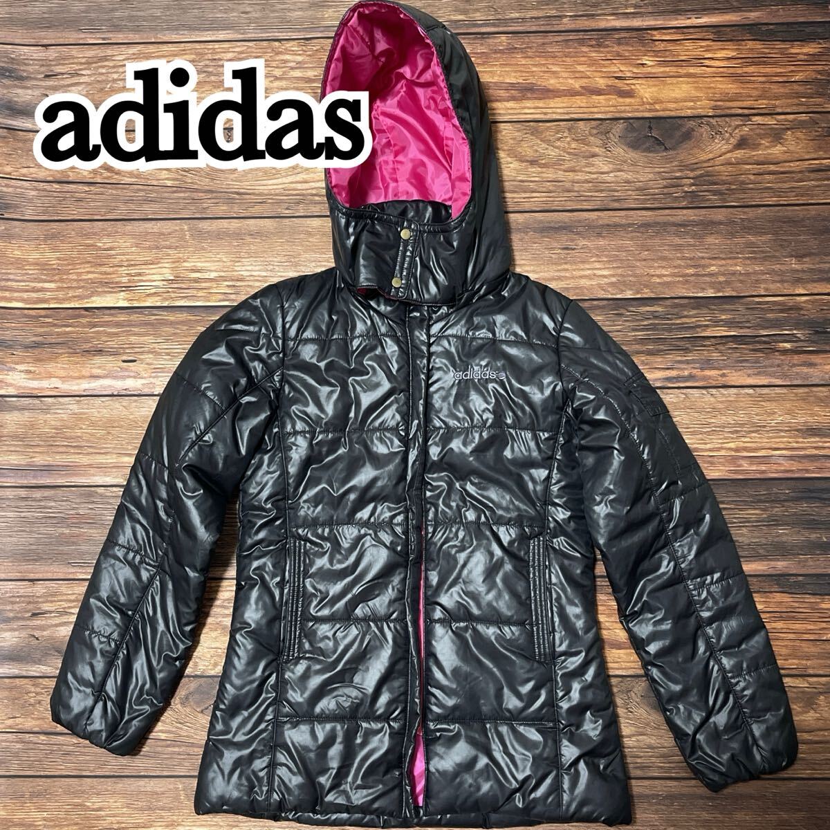 adidas アディダス ダウンジャケット ブルゾン 丈長め 防寒 アウトドア ナイロン 軽量 フード付き フード 取り外し可能 2way 黒 ブラック M拍卖