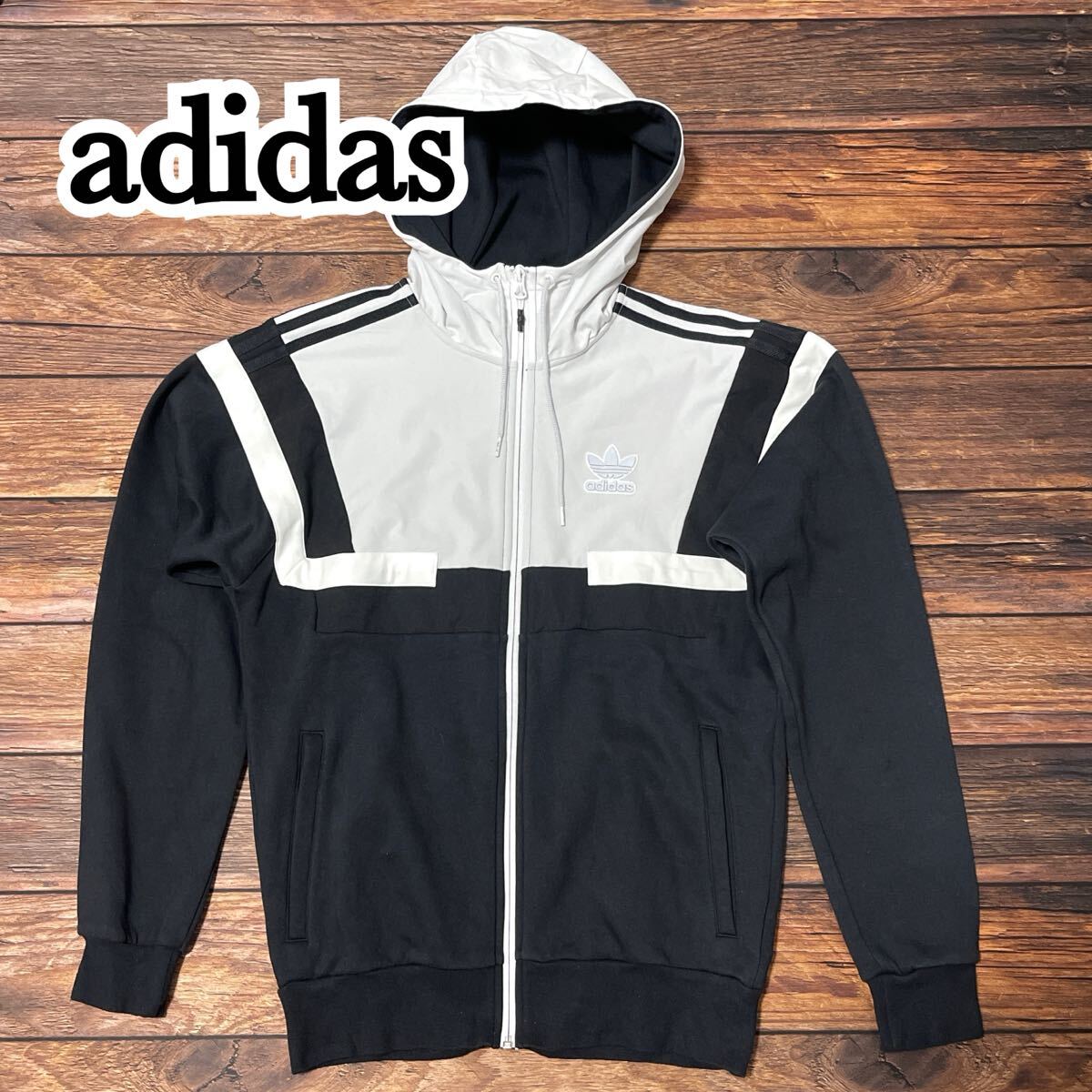 adidas アディダス フルジップ フーディー トラックジャケット ジップアップ トレフォイル メンズ 裏地あり 大きめ ホワイト ブラック M拍卖